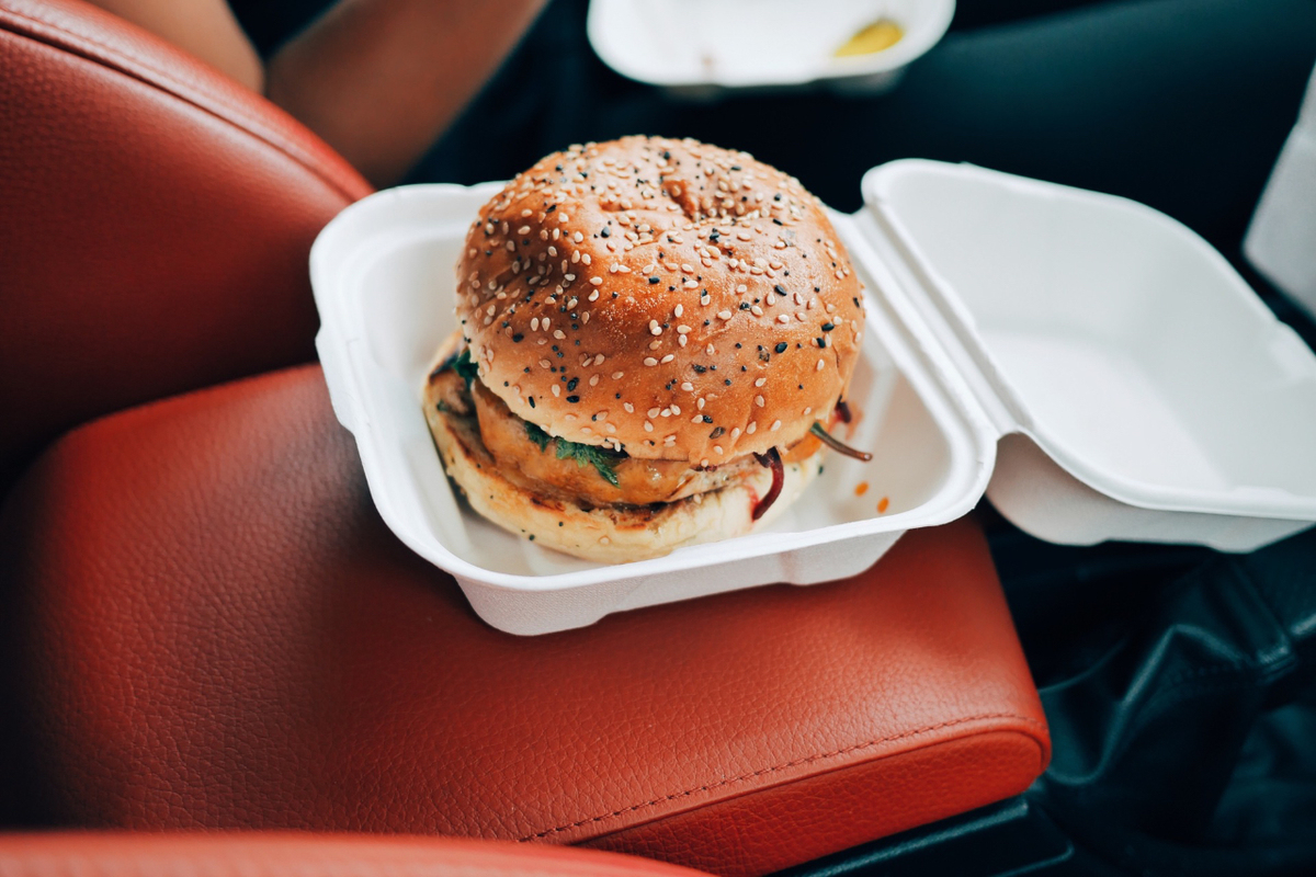 burger in a take out container